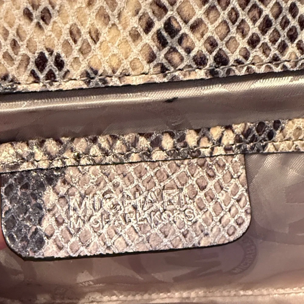 Michael Kors Snakeskin-Print Clutch in Beige and Black with Gold Buckle